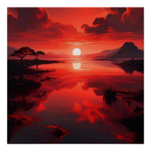 Bold Red Sunset Reflection - Landschaftliche Natur Poster