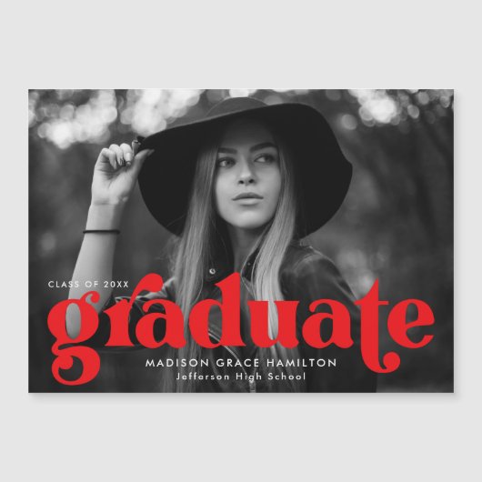 Bold Red Typografy Foto Abschluss Magneteinladung (Vorderseite)