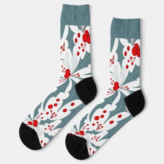 Bold Retro Aquamarin Holly and Berries Holiday Socken (Linkes Detail)