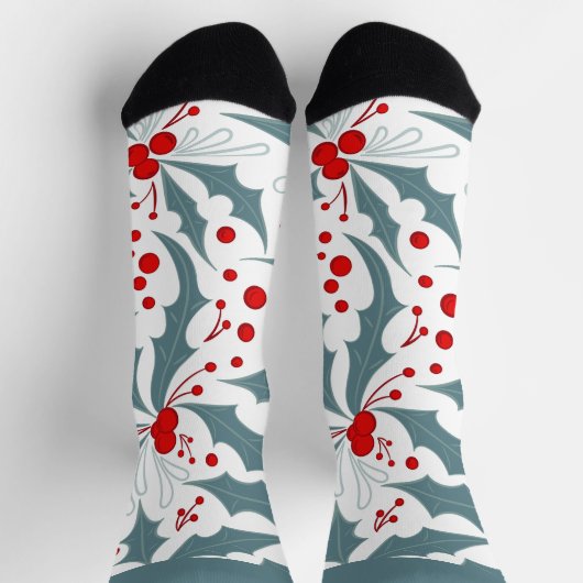 Bold Retro Aquamarin Holly and Berries Holiday Socken (Oben)