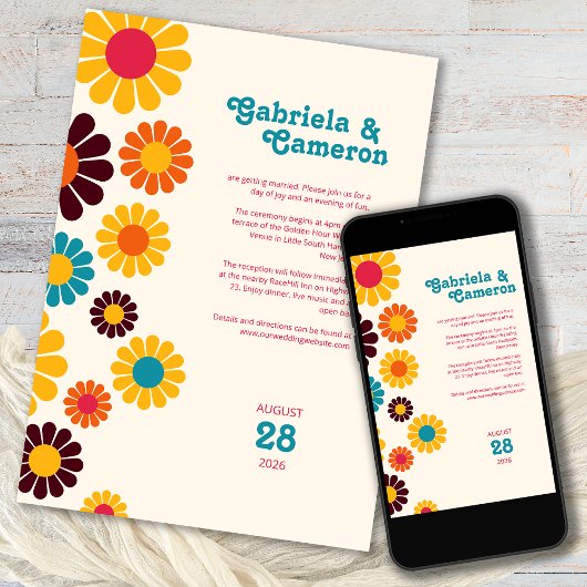 Bold Retro Color Daisy Wedding Einladung