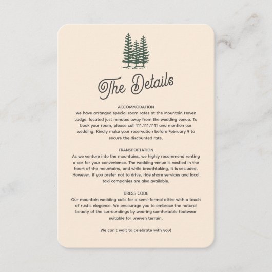 Bold Retro Green Mountain Forest Wedding Begleitkarte (Vorderseite)