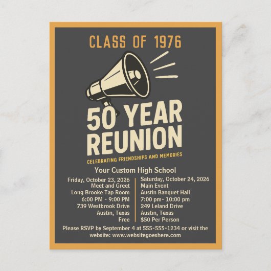 Bold Retro High School Reunion Pep Rally Megaphone Postkarte (Vorderseite)