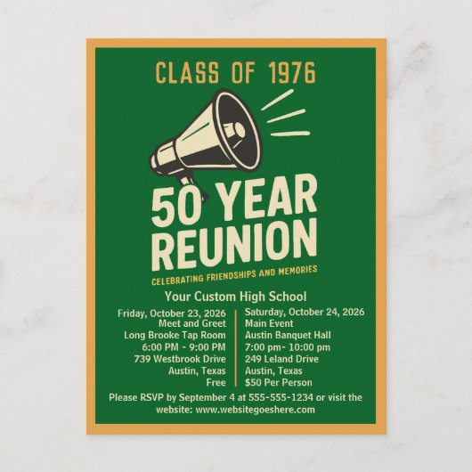 Bold Retro High School Reunion Pep Rally Megaphone Postkarte (Vorderseite)
