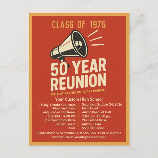 Bold Retro High School Reunion Pep Rally Megaphone Postkarte (Vorderseite)