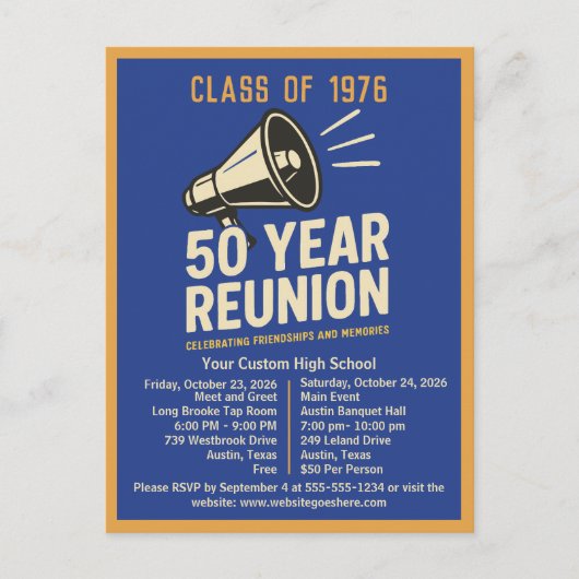 Bold Retro High School Reunion Pep Rally Megaphone Postkarte (Vorderseite)