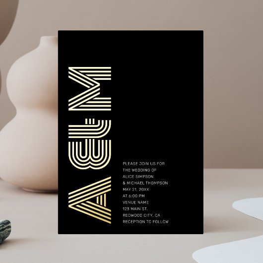 Bold Retro Monogram Wedding Black Folieneinladung