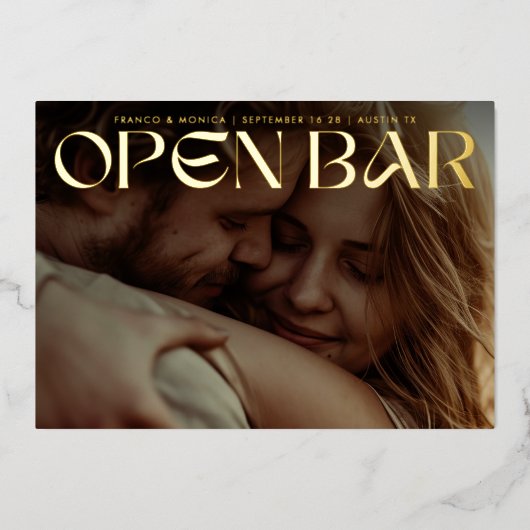 Bold Retro Open Bar Photo Save The Date Gold Folieneinladung (Vorderseite)