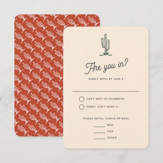 Bold Retro Red Saguaro Cacti Wüste Wedding RSVP Karte (Vorne/Hinten)