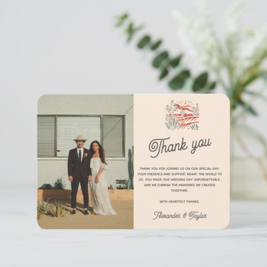 Bold Retro Saguaro Cactus Wüste Landscape Wedding Dankeskarte (Stehend Vorderseite)