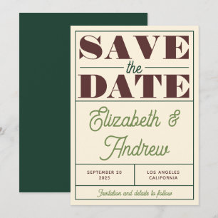Bold Retro Vintag Green Brown Script Wedding Save The Date