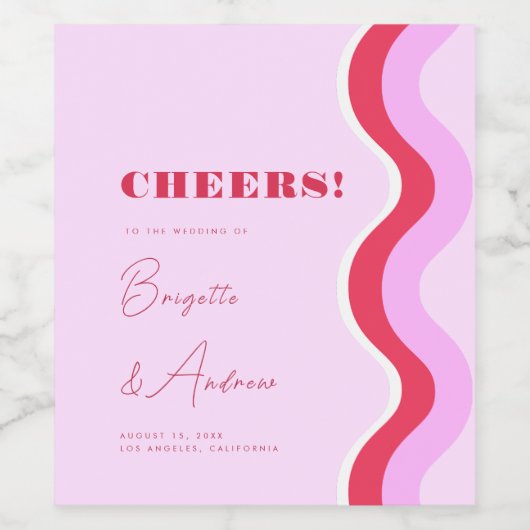 Bold Retro Wave Pink und Red Script Wedding Cheers Weinetikett (Einzelnes Label)