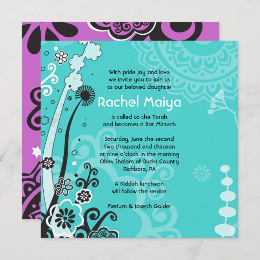 BOLD & SCHÖNE FLORAL BAT Mitzvah Einladung (Vorne/Hinten)