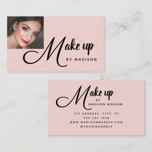 Bold Script Blush Pink Photo Makeup Business Card Visitenkarte (Vorne/Hinten)