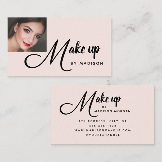 Bold Script Blush Pink Photo Makeup Business Card Visitenkarte (Vorne/Hinten)