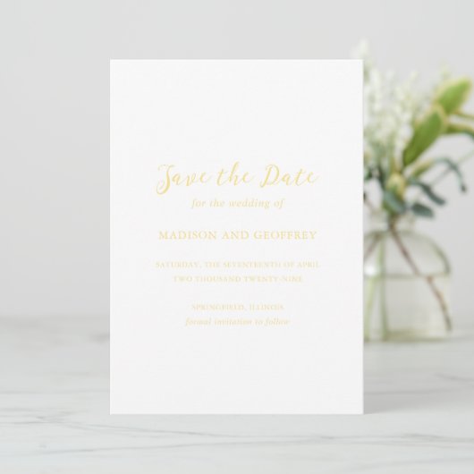 Bold Script Butter Yellow Foto Elegant Wedding Save The Date (Stehend Vorderseite)