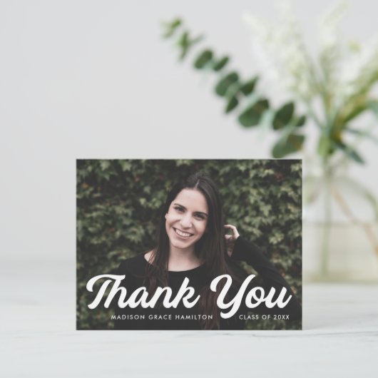 Bold Script Foto Abschluss Vielen Dank Postkarte (Stehend Vorderseite)