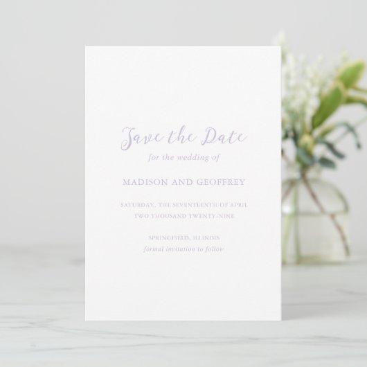 Bold Script Lilac Foto Elegant Wedding Save The Date (Stehend Vorderseite)