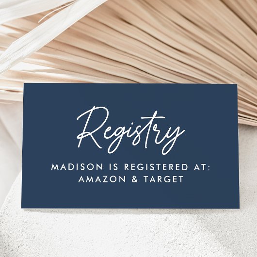 Bold Script Navy Baby Shooting Registry Begleitkarte