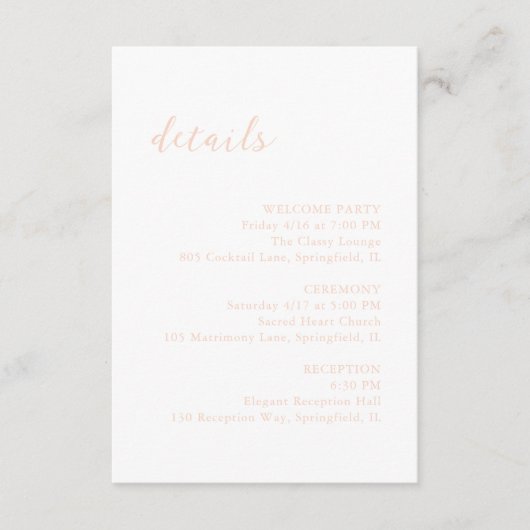 Bold Script Peach Elegant Wedding Begleitkarte (Vorderseite)