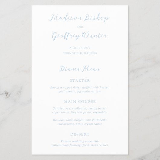 Bold Script Powder Blue Budget Wedding Menu Flyer (Vorne)