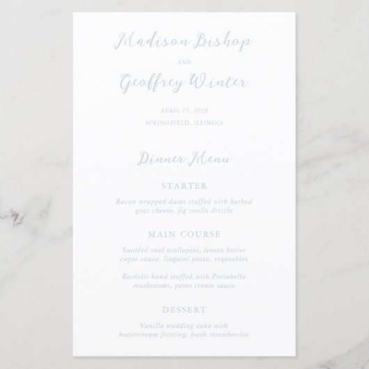Bold Script Powder Blue Elegant Wedding Menu (Vorderseite)
