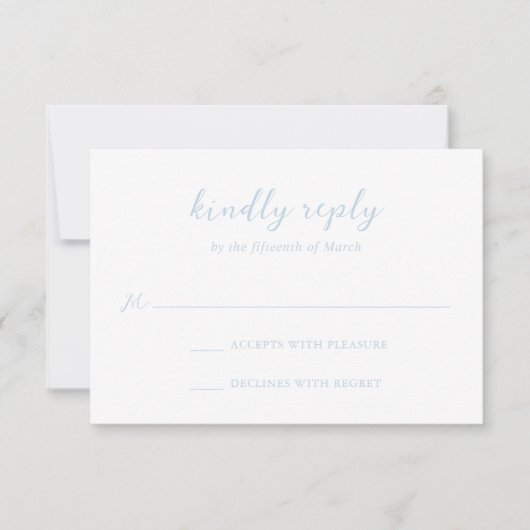 Bold Script Powder Blue Elegant Wedding RSVP Karte (Vorderseite)
