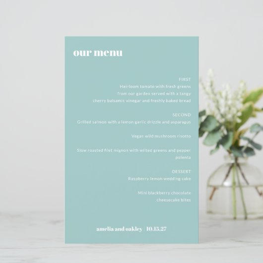Bold Simple Aqua Blue Simple Custom Wedding Menu (Stehend Vorderseite)