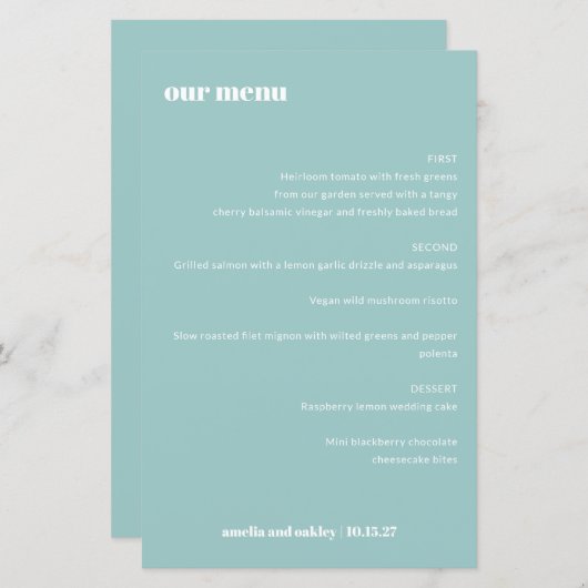 Bold Simple Aqua Blue Simple Custom Wedding Menu (Vorne/Hinten)
