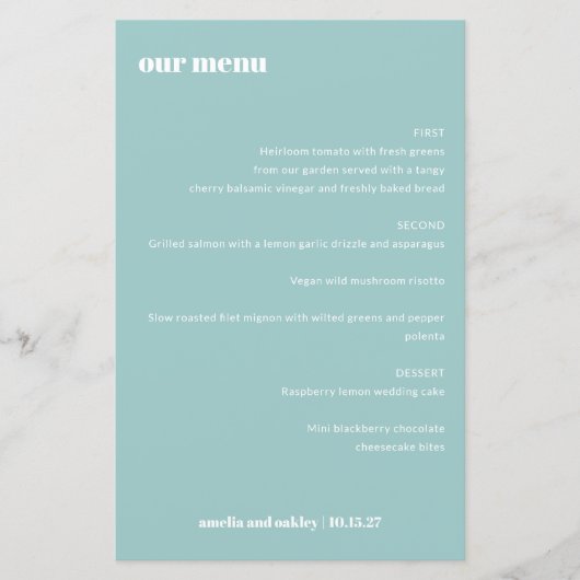Bold Simple Aqua Blue Simple Custom Wedding Menu (Vorderseite)