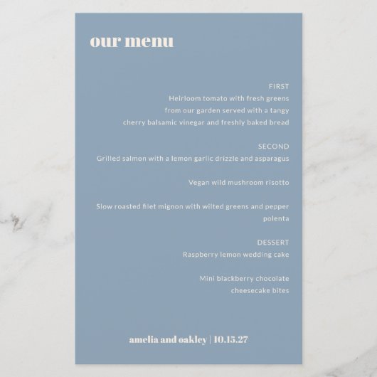 Bold Simple Dusty Blue Simple Custom Wedding Menu (Vorderseite)