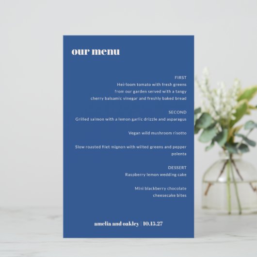 Bold Simple French Blue Simple Custom Wedding Menu (Stehend Vorderseite)