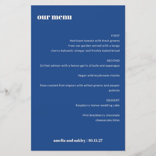 Bold Simple French Blue Simple Custom Wedding Menu (Vorderseite)