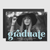 Bold Sky Blue Typografy Foto Abschluss Magneteinladung (Vorne/Hinten)