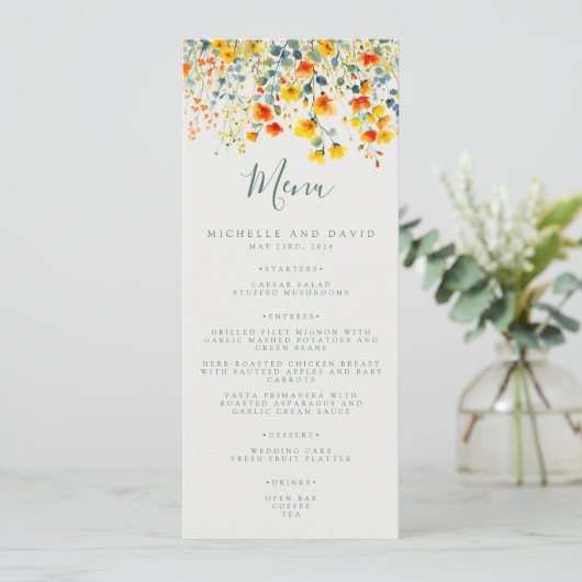 Bold Summer Floral Wedding Menükarte (Stehend Vorderseite)