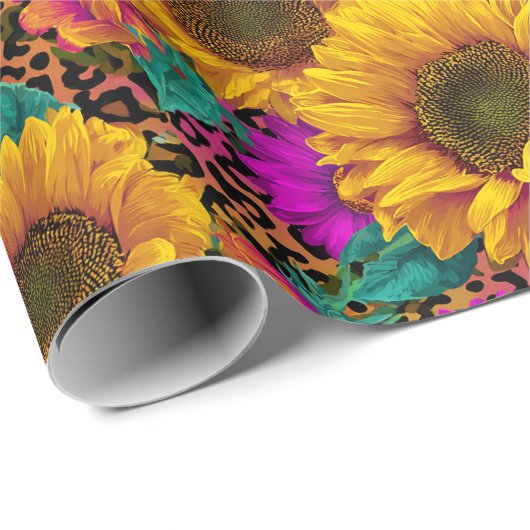 Bold Sunflower & Leopard Wrapping Paper Geschenkpapier (Rolleneckpunkt)