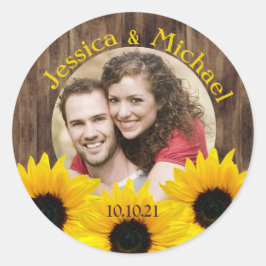 Bold Sunflower Wood Foto Wedding Save the Date Runder Aufkleber