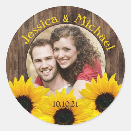 Bold Sunflower Wood Foto Wedding Save the Date Runder Aufkleber (Vorderseite)
