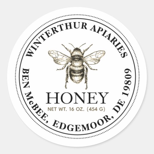 BOLD TEXT Editable White Honey Jar Bee Label Runder Aufkleber (Vorderseite)