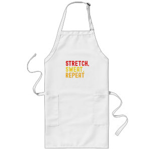 Bold Text "STRETCH, SWEAT, REPEAT." Lange Schürze