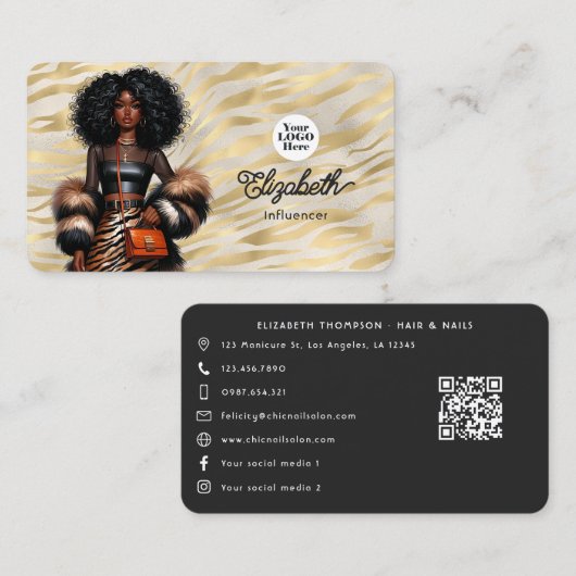 Bold Tiger Print Black Woman Boss Branding Visitenkarte (Vorne/Hinten)