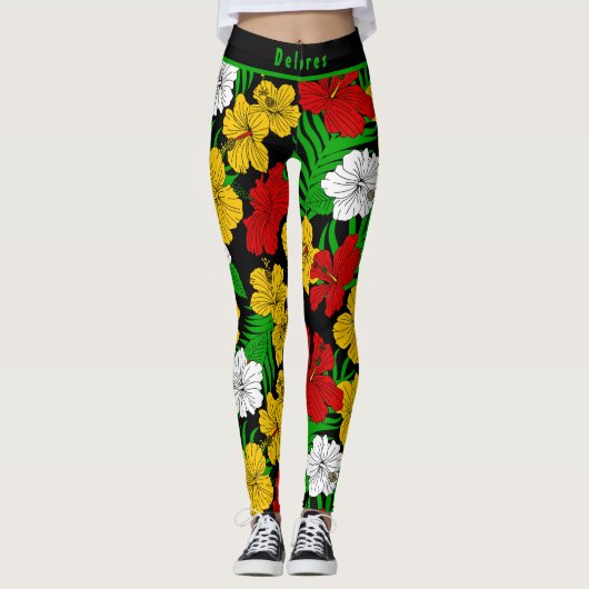 Bold Tropical Hibiscus Floral Pattern Leggings (Vorderseite)
