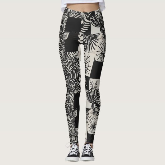 Bold Tropical Monochrome Floral Pattern Leggings (Vorderseite)