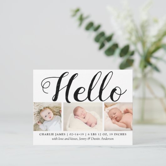 Bold Typografy "Hello" 3 Foto Birth Ankündigung (Stehend Vorderseite)