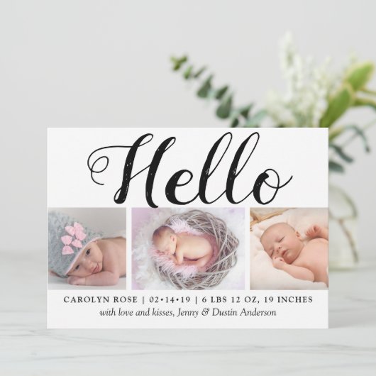 Bold Typografy "Hello" 3 Foto Birth Ankündigung (Stehend Vorderseite)