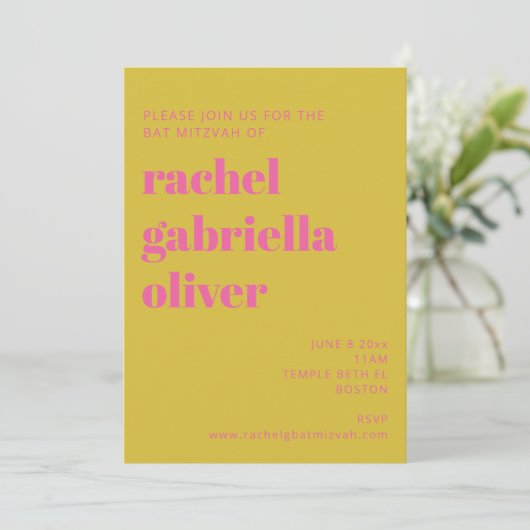 Bold Typografy Pink Yellow Modern Bat Mitzvah Einladung (Stehend Vorderseite)