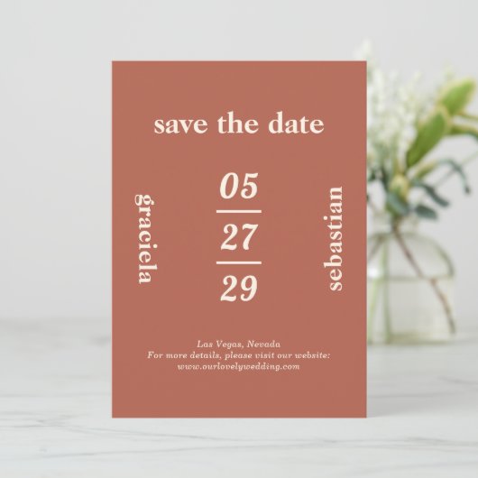 Bold Typographic Burnt Orange Modern Wedding Save The Date (Stehend Vorderseite)