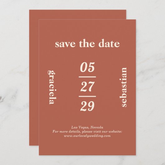 Bold Typographic Burnt Orange Modern Wedding Save The Date (Vorne/Hinten)