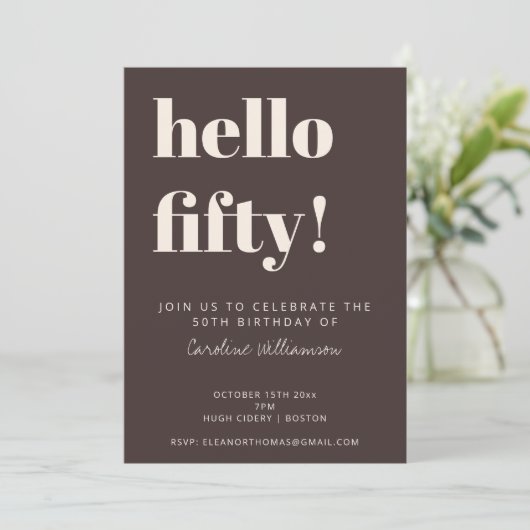 Bold Typography Brown Modern 50th Birthday Party Einladung (Stehend Vorderseite)