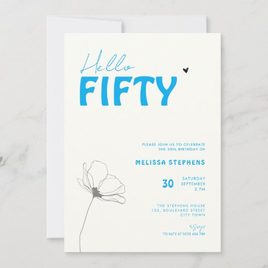 Bold Typography Ivory Blue Elegant 50th Birthday Einladung (Vorderseite)